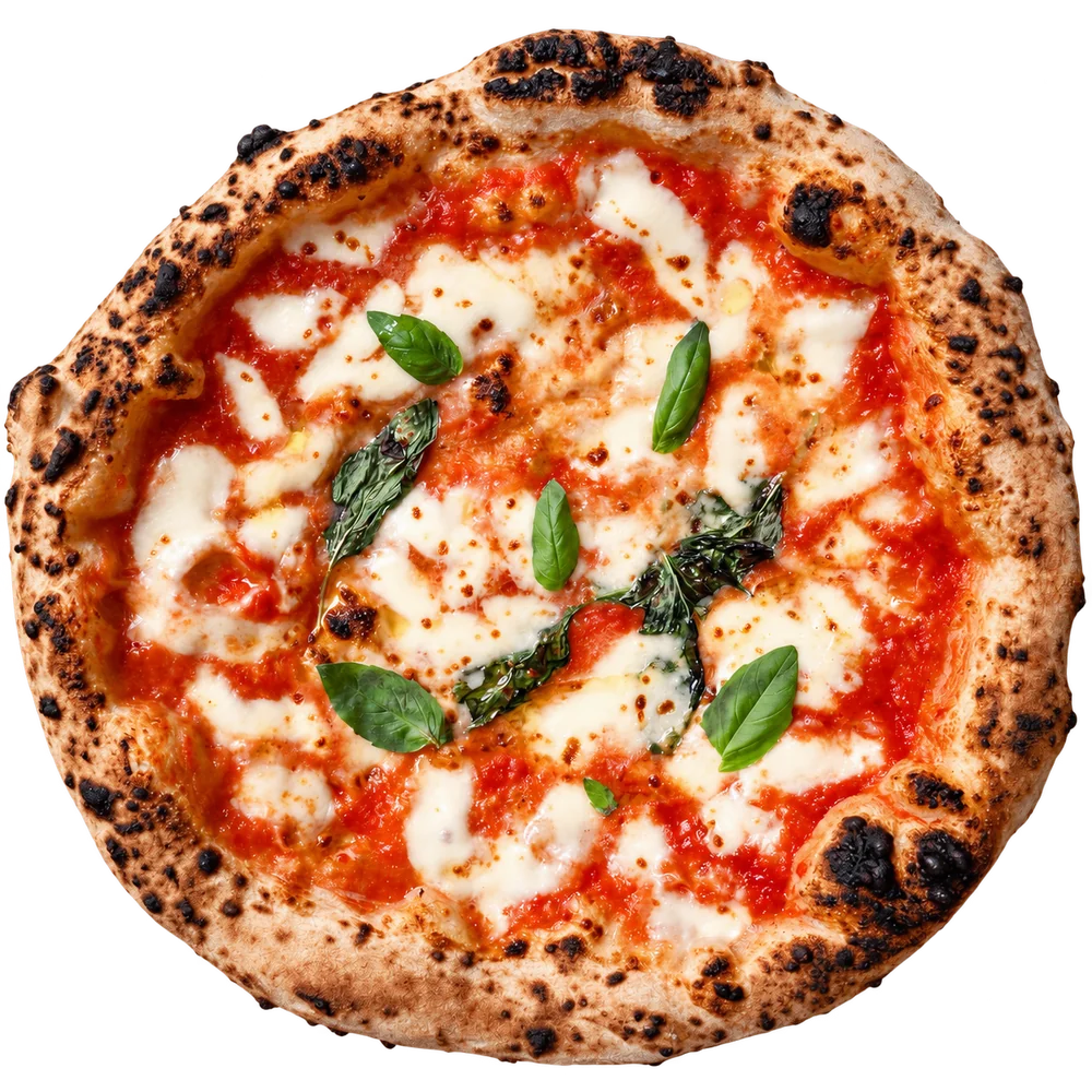Runde Pizza mit Tomate, Mozzarella und Basilikum.