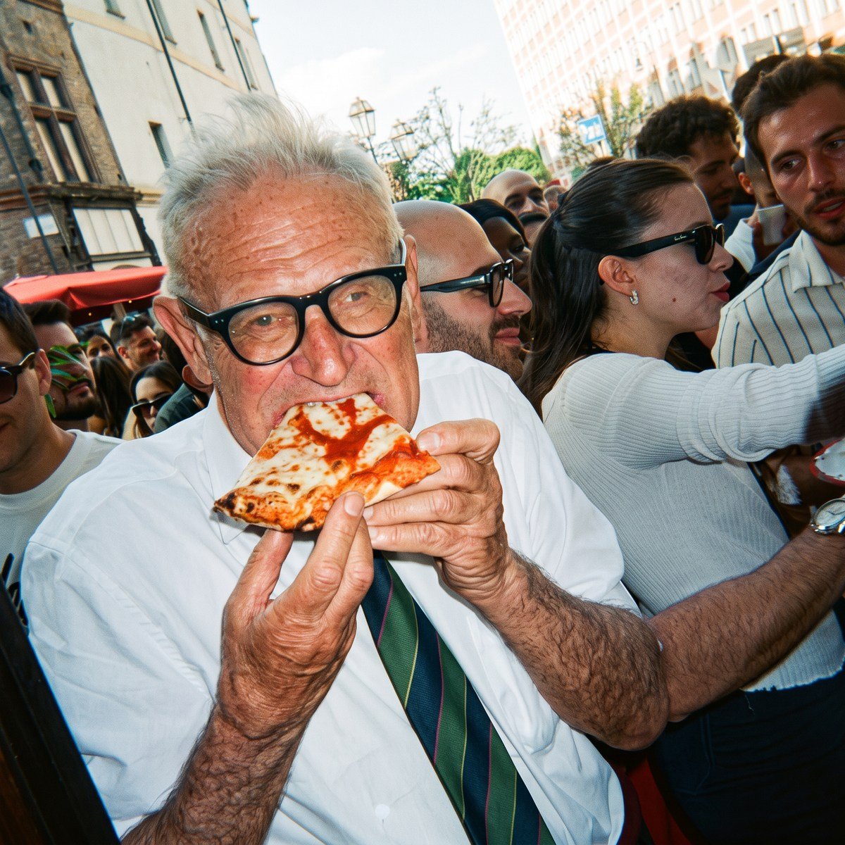Ein älterer Gast mit Brille beißt in ein großes Stück Pizza, um ihn herum stehen weitere Gäste.