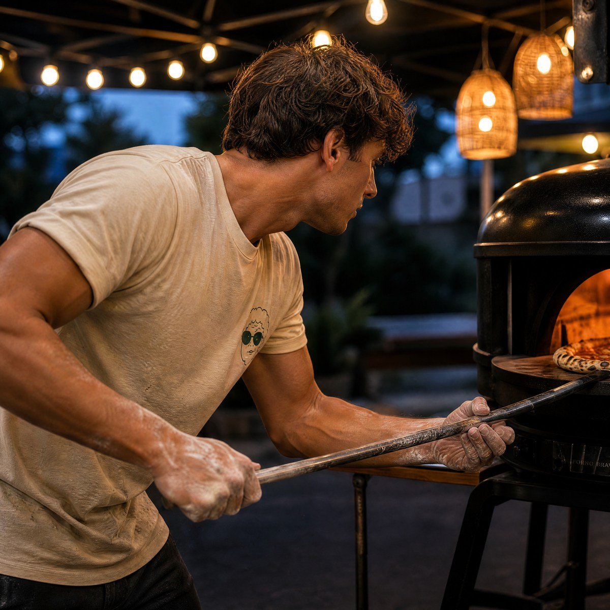 Ein Pizzabäcker hält die Schaufel am geöffneten, glühenden Pizzaofen unter warmen Lichterketten.